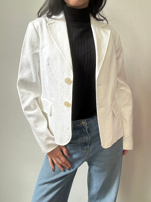 Vintage Jacquard Floral White Fitted Blazer Size Large