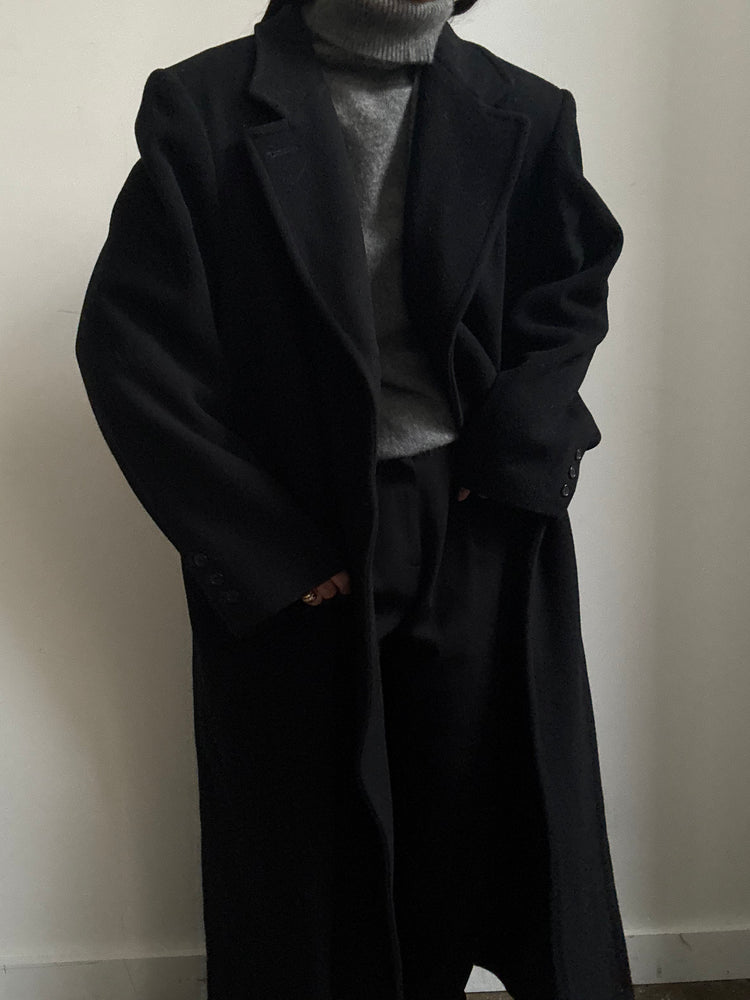 Vintage Pure Wool Chic Black Long Coat Size Medium