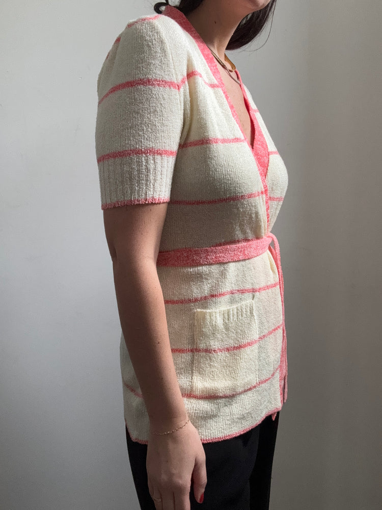 Vintage Ivory & Pink Short Sleeve Cardi Size M