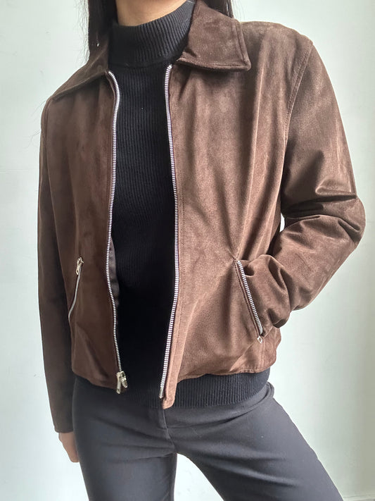 Vintage Brown Suede Cropped Zip Jacket Size Small