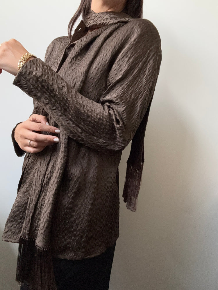 Vintage Oscar de la Renta Brown Textured Button-Up Blouse Size Small