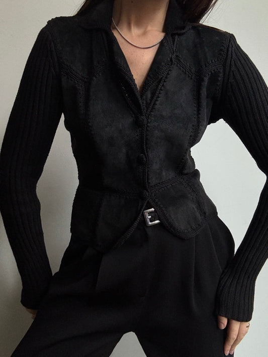 Vintage Black Suede + Crochet Knit Top Size Small