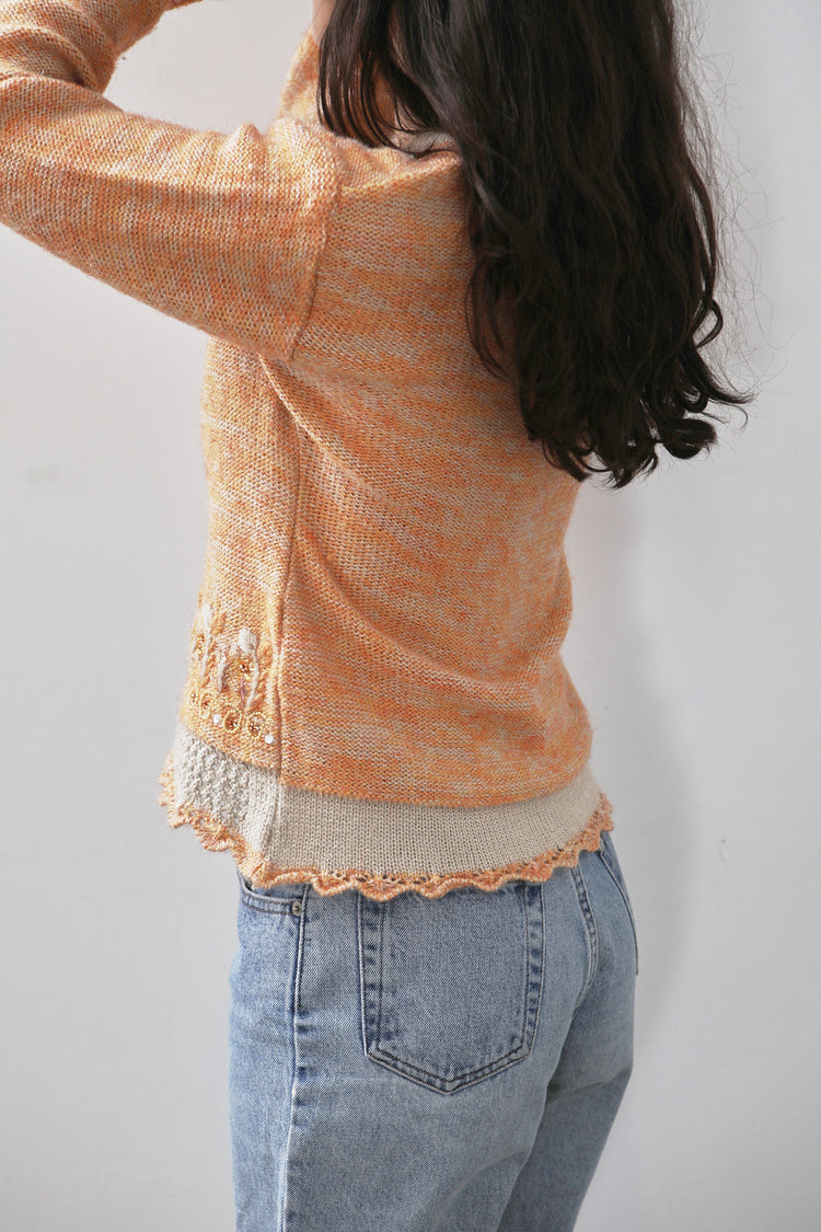 Vintage Beaded Knit Orange Cardigan Size 4
