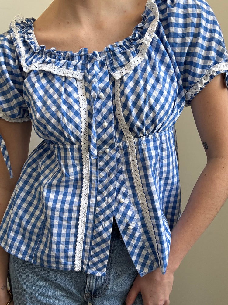 Preloved Blue & White Gingham Puff Sleeve Top Size Small