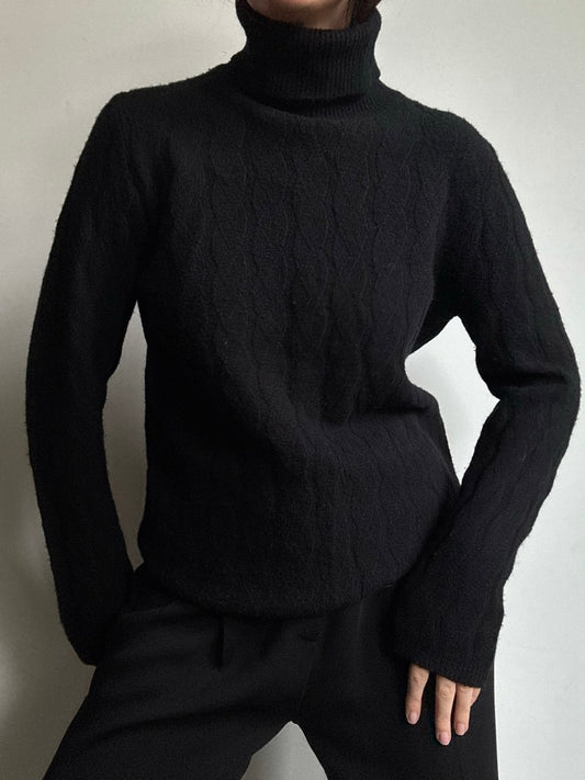 Vintage Black Cable Knit Pattern Turtle Neck Size Small