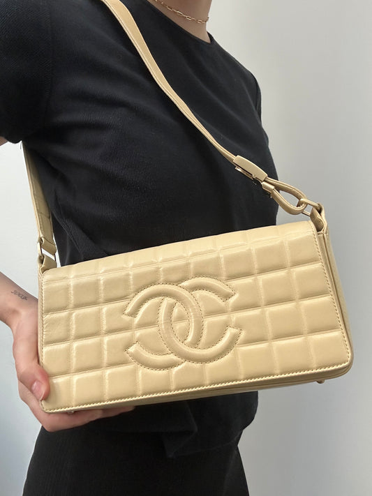 Vintage Chanel 2003 Beige Quilted Lambskin Chocolate Bar Flap Bag