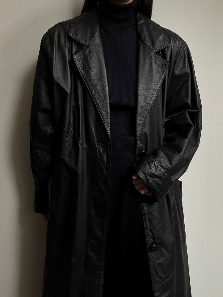 Vintage Black Leather Trench With Pleated Sleeves Size M
