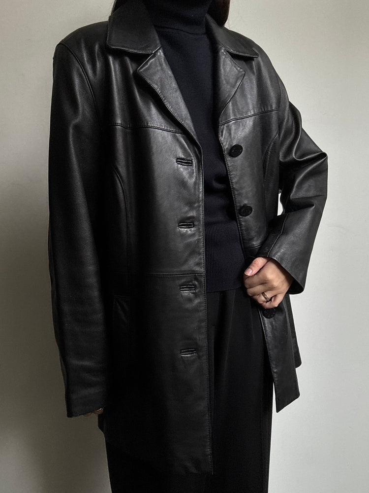 Vintage Black Buttoned Mid-Length Leather Jacket Size M