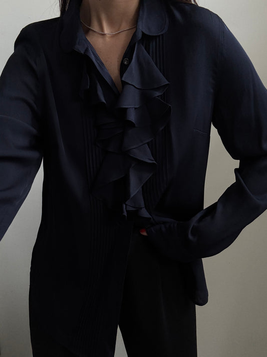 Vintage J Crew Navy Blue Silk Button Up Blouse Size Large