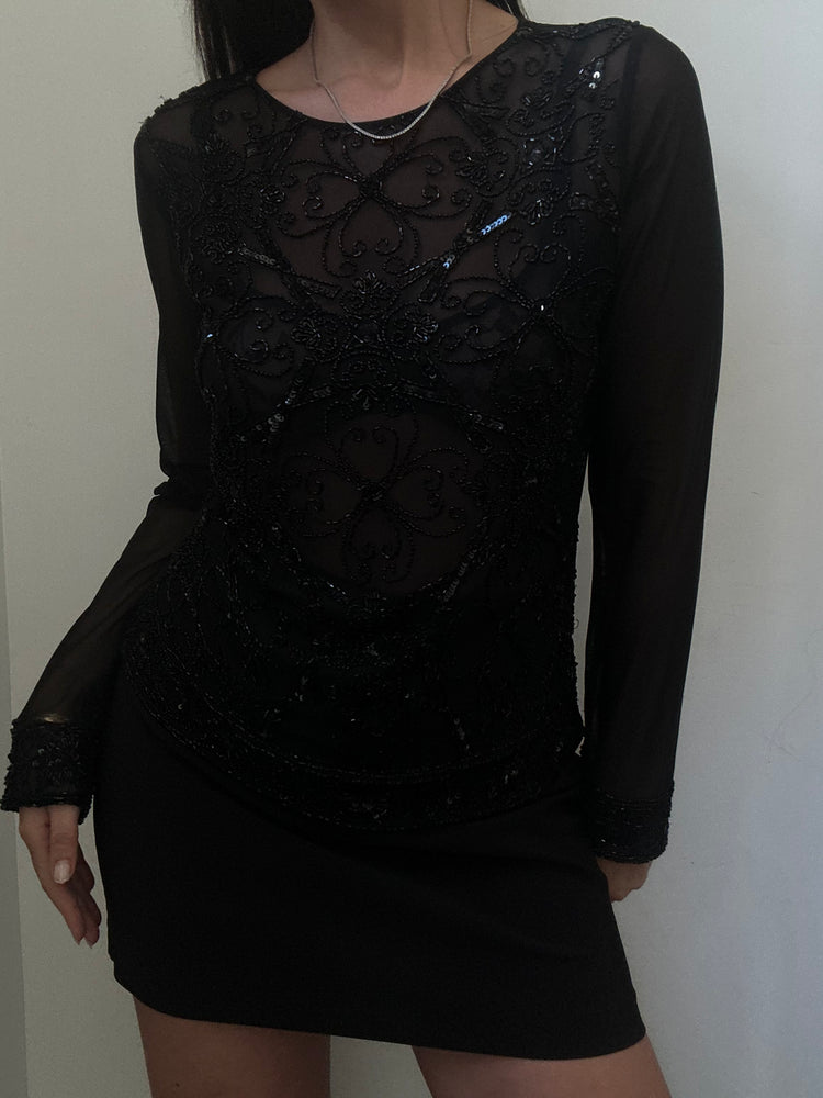 Vintage Black Sequin Sheer Top Size Medium