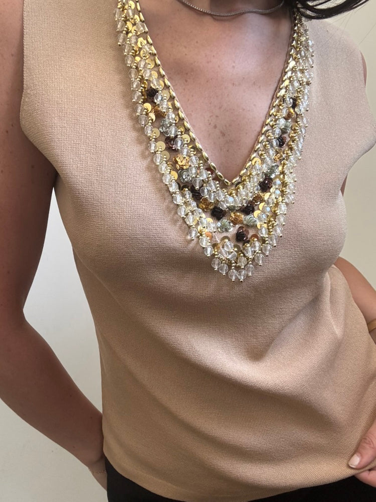 Vintage Brown Knit Beaded V-Neck Tank Size Large