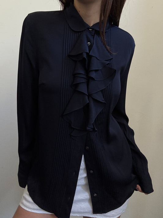 Vintage J.Crew Silk Navy Ruffled Blouse Size Medium