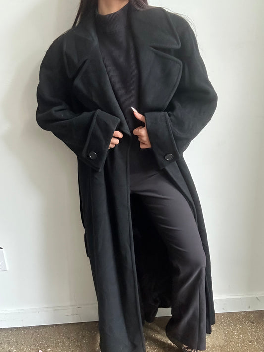 Vintage Black Saks Fifth Avenue Trench Coat + Belt Size Large