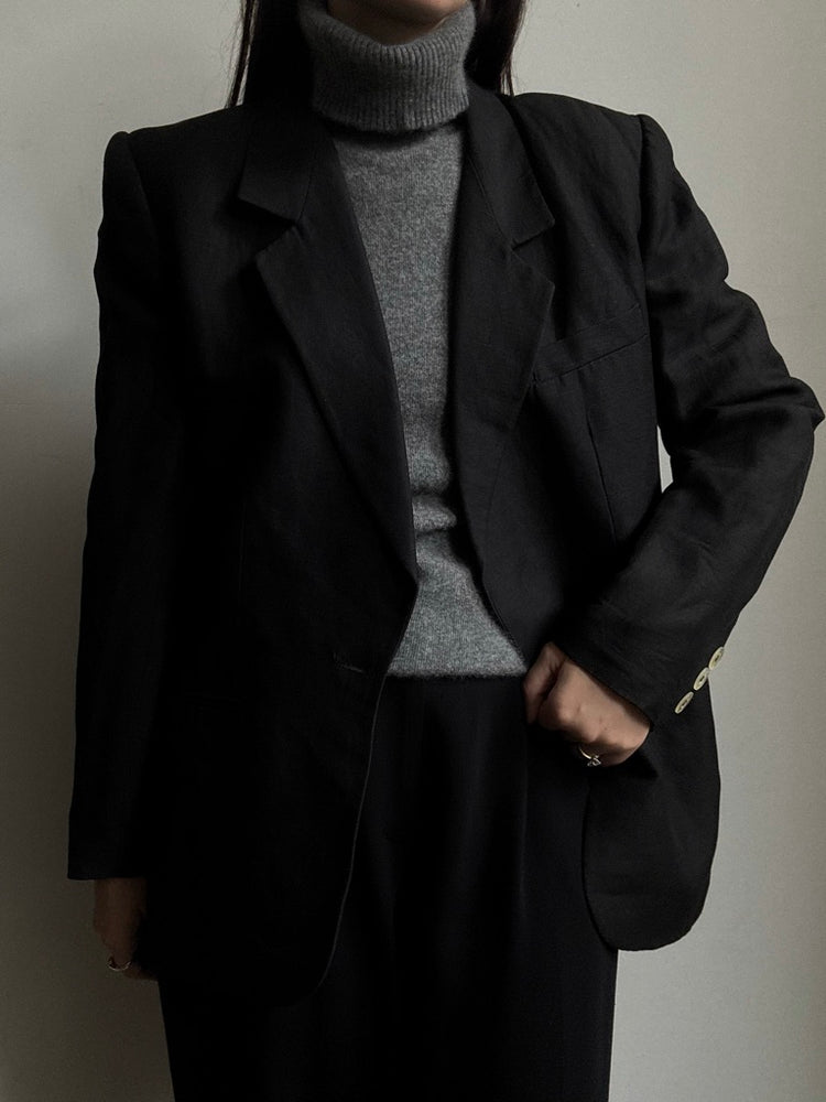 Vintage Black Linen Blend Lightweight Blazer Size Large