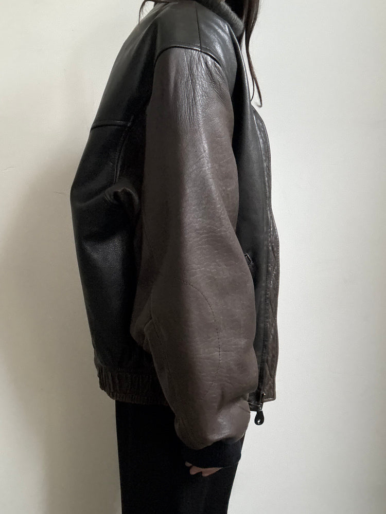 Vintage Chocolate Brown + Black Leather Bomber Size Medium/Large