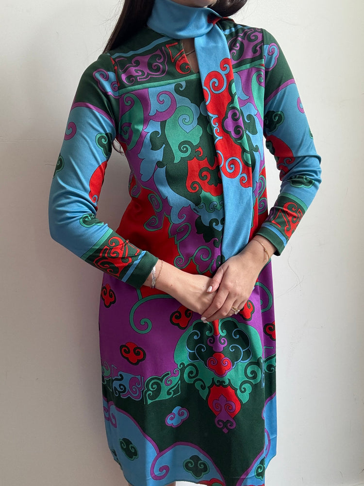 Vintage 1970's Italian Multicolored Printed Midi Dress Size Medium