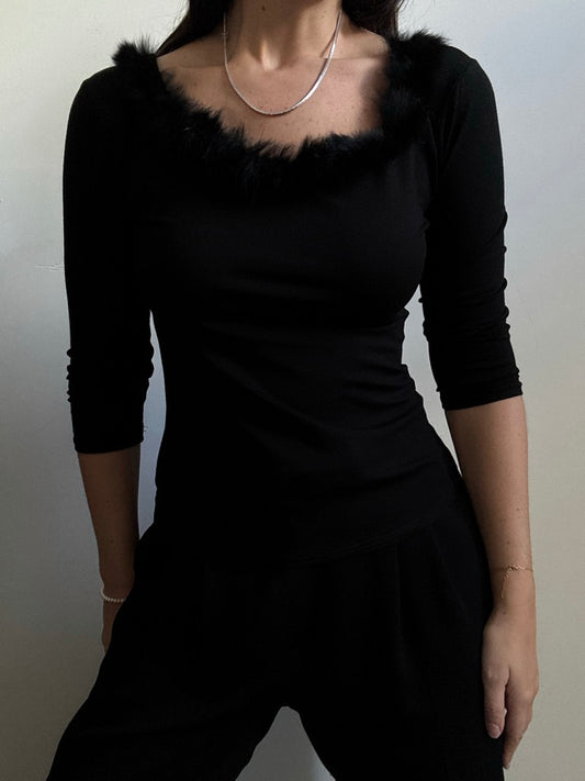 Vintage Black Fur Trim Top Size Small