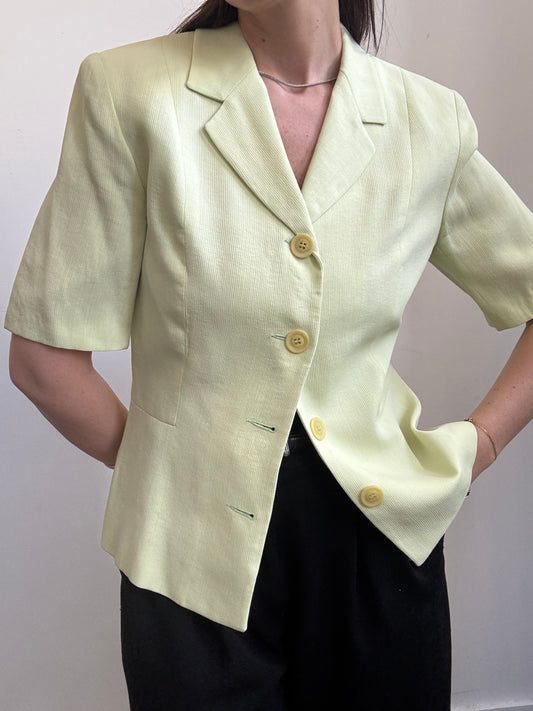 Vintage Lime Green Short Sleeve Tailored Button Up Blouse Size Large