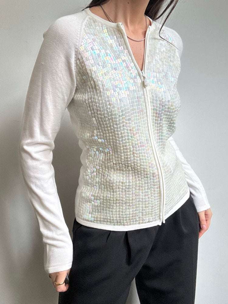 Vintage White Sequin Zip-Up Cardigan Size Medium