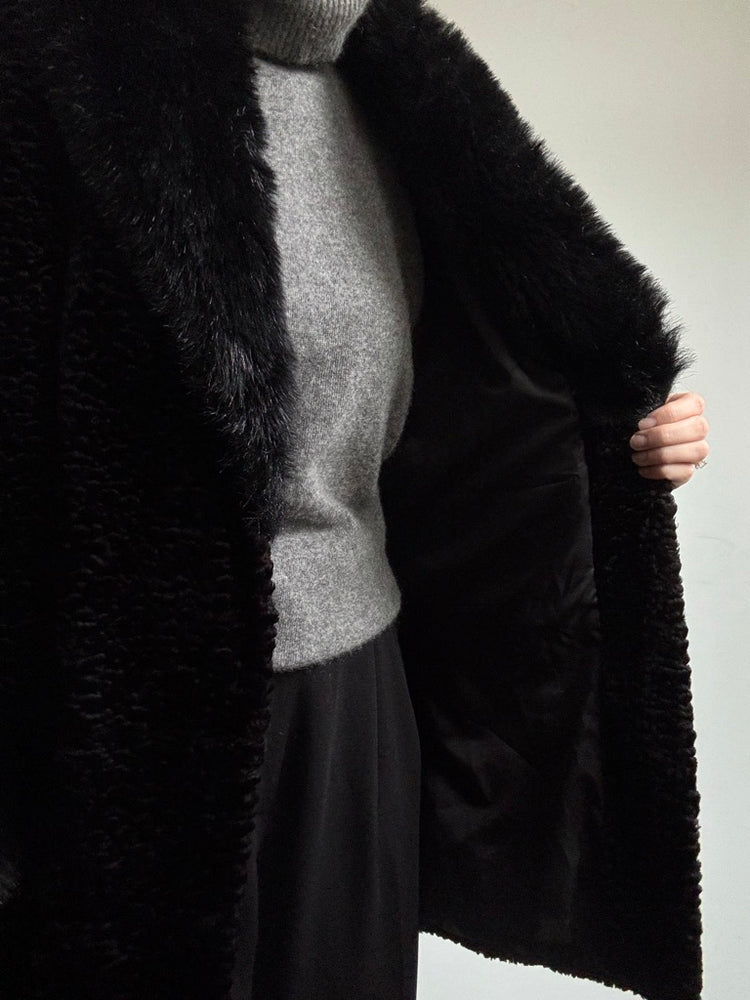 Vintage Black Faux Fur Trim Coat Size Small
