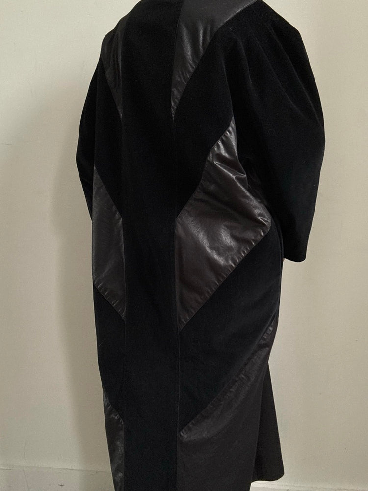 Vintage Black Faux Suede + Leather Long Coat Size Large