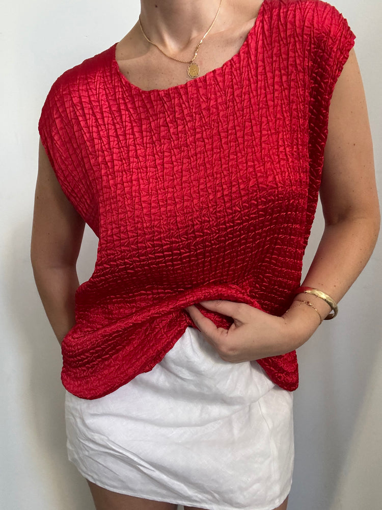 Vintage Red Crushed Taffeta Blouse Size XL