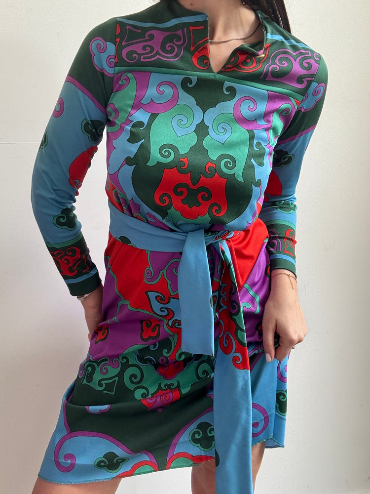 Vintage 1970's Italian Multicolored Printed Midi Dress Size Medium