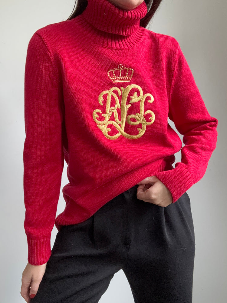Vintage Red Ralph Lauren Embroidered Turtleneck Size Medium