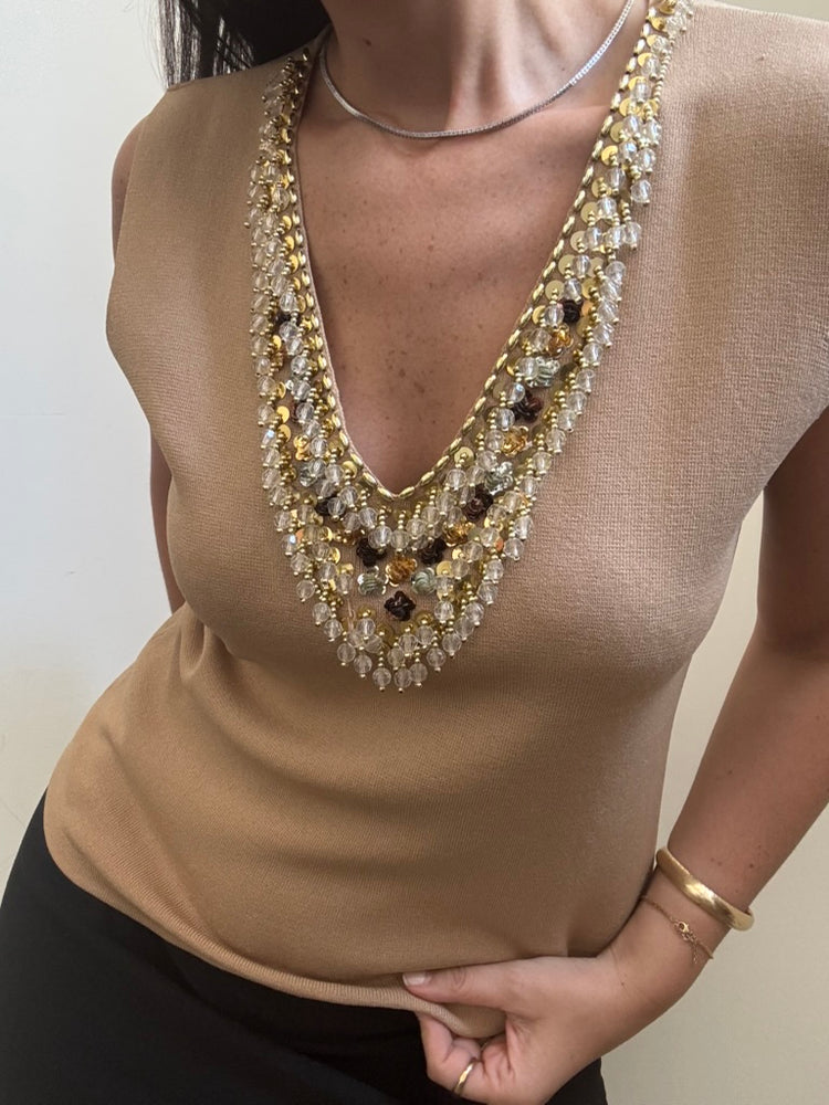 Vintage Brown Knit Beaded V-Neck Tank Size Large
