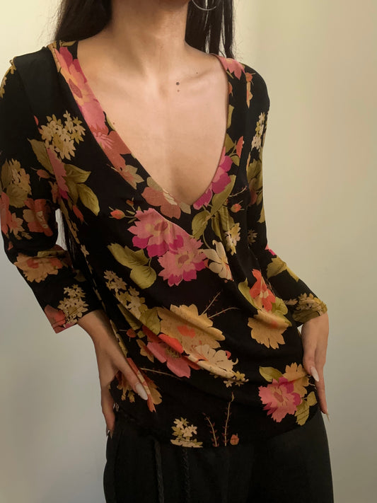 Vintage Black Floral V-Neck Blouse Size Large