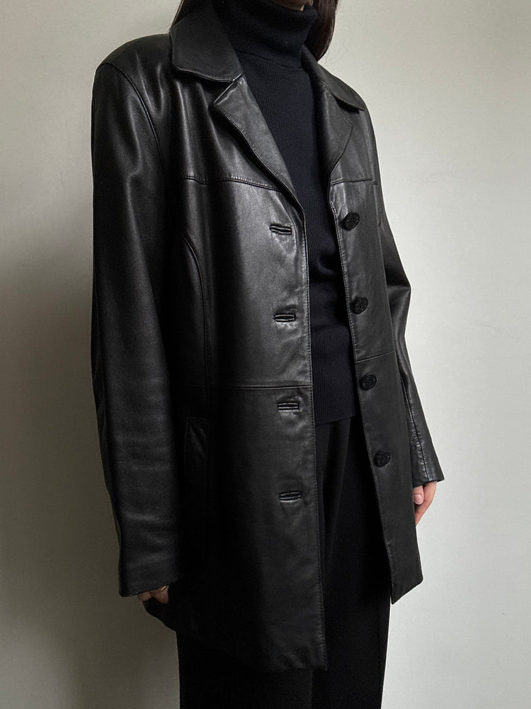 Vintage Black Buttoned Mid-Length Leather Jacket Size M