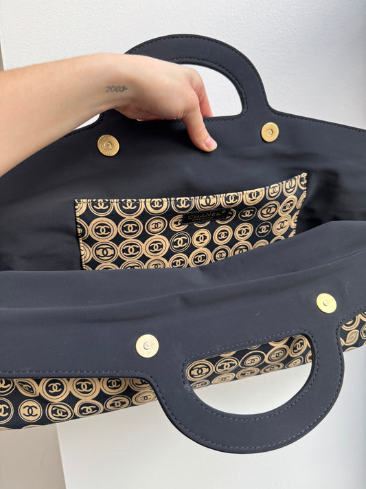 Chanel Beige + Black Coin Top Handle Bag