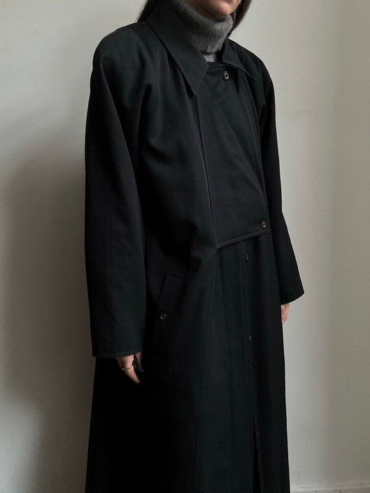 Vintage Wool Black Front Buttoned Trench Coat Size Large