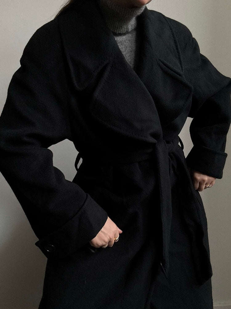 Vintage Black Pure Cashmere Belted Coat Size Large