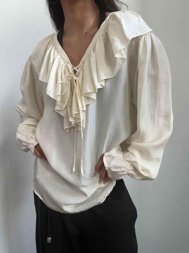 Vintage Cream Ruffle-Front Blouse Size Small