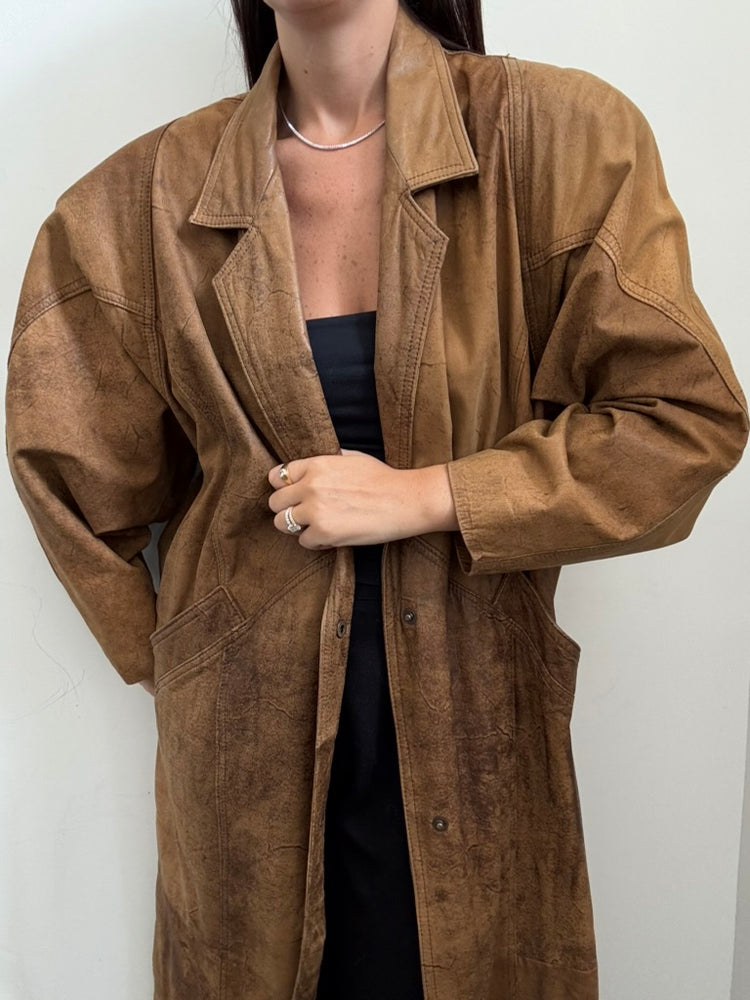 Vintage Brown Distressed Leather Trench Coat Size Large