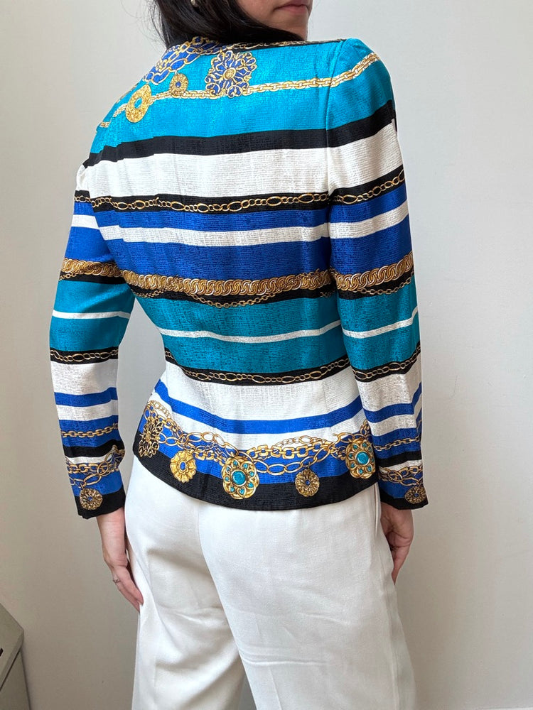 Vintage Silk Teal + Gold Striped Blouse Size M