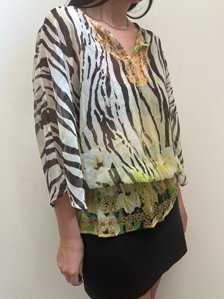 Sheer Zebra Print 3/4 Sleeve Cover-Up Size 2