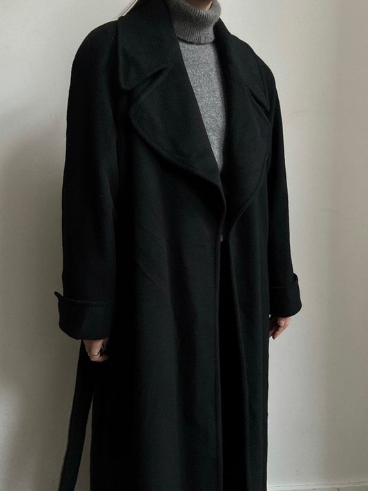 Vintage Black Pure Cashmere Belted Coat Size Large