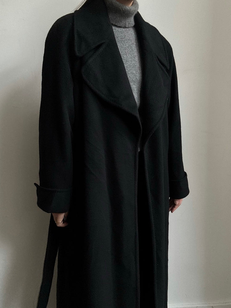 Vintage Black Pure Cashmere Belted Coat Size Large
