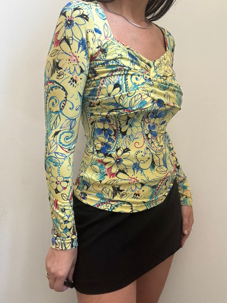 Vintage Yellow Patterned Stretch Top Size Medium