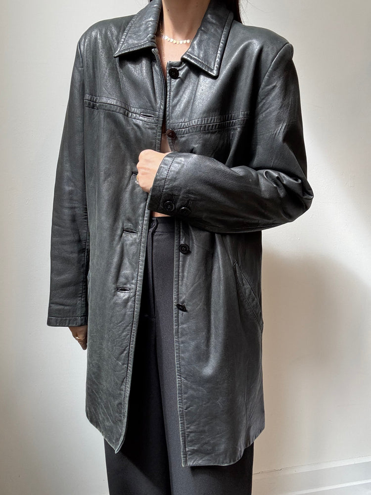Vintage Black Leather Button-Up Jacket Size M