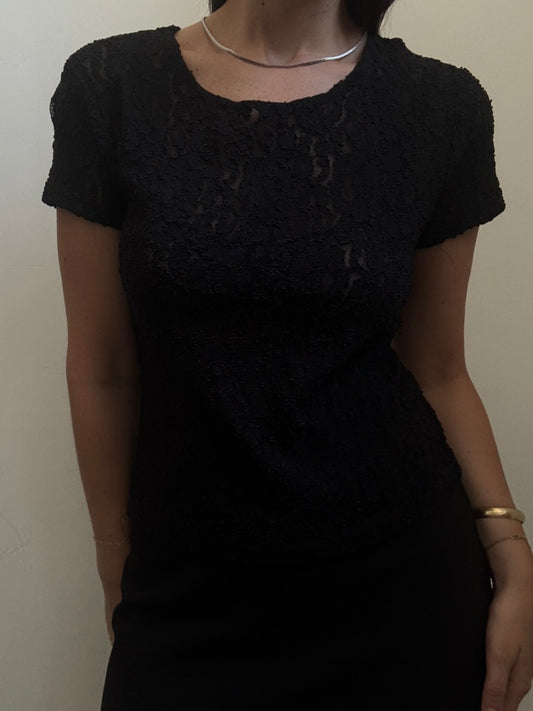Vintage Black Sheer Lace Short Sleeve Blouse Size Medium