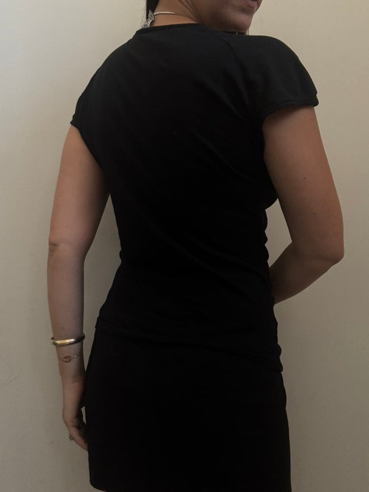 Vintage Black Cotton Blend Ruched T-Shirt Size Small
