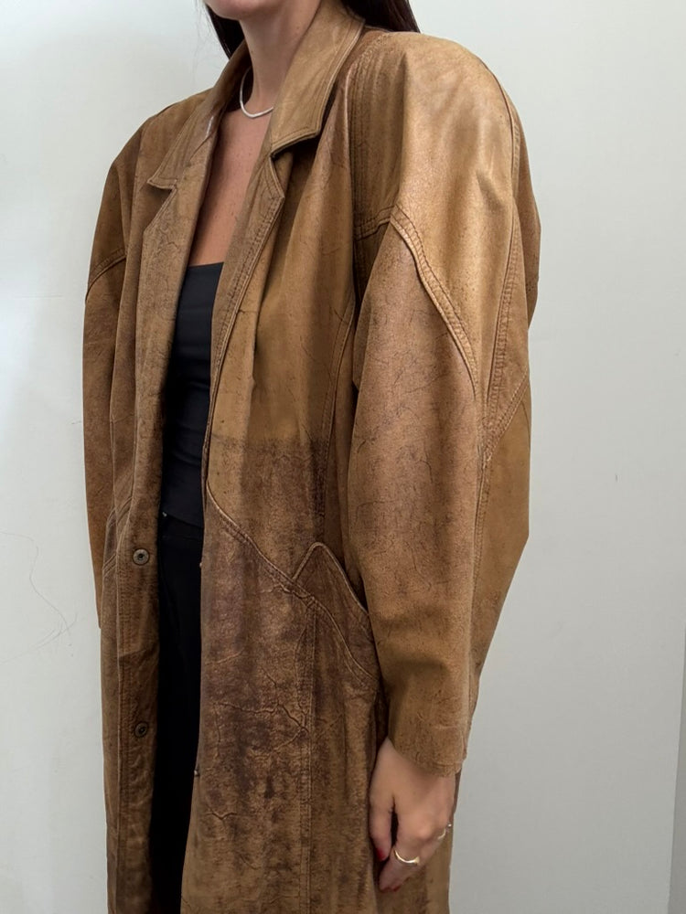 Vintage Brown Distressed Leather Trench Coat Size Large