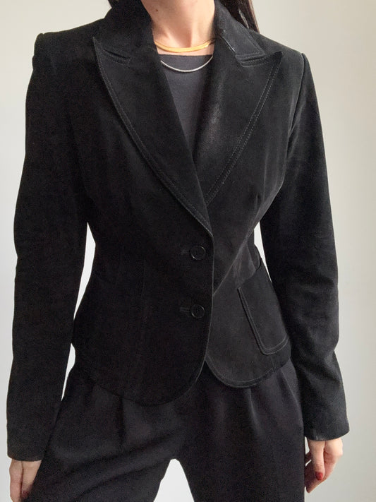 Vintage Black Suede Leather Fitted Blazer Size Small