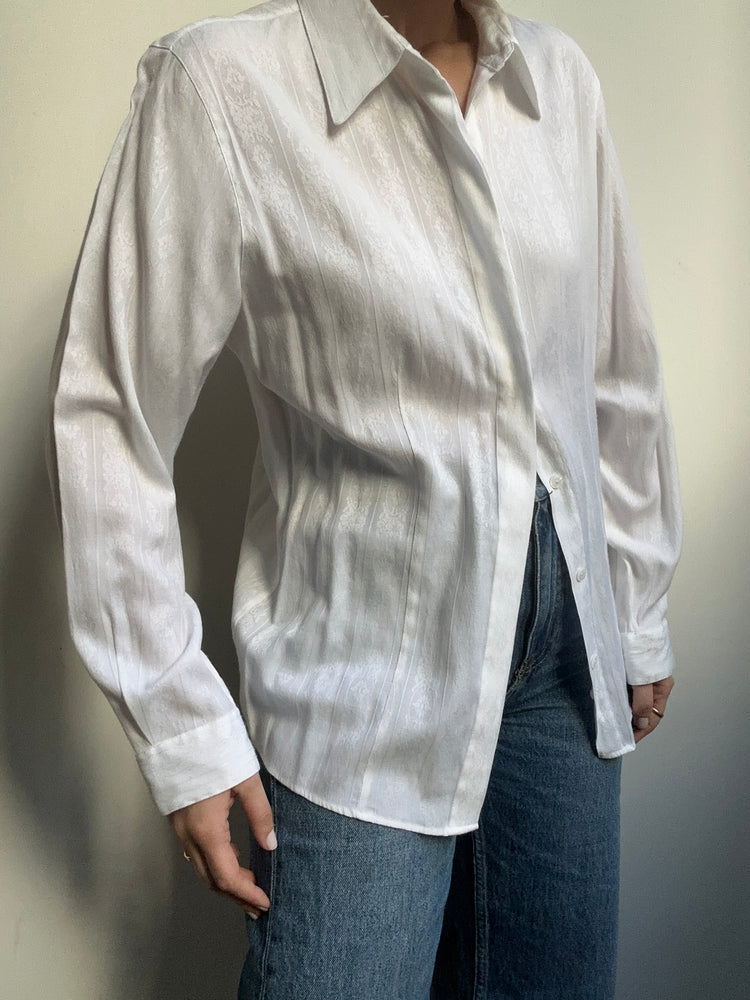 Vintage White Floral Brocade Button Up Size Small