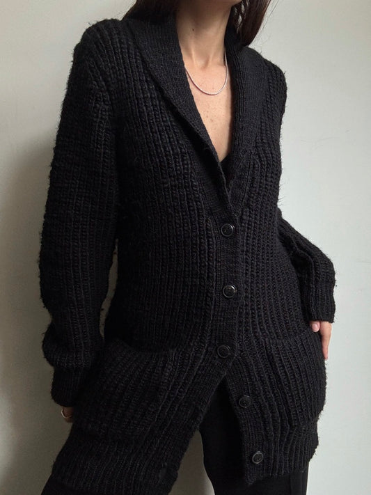 Vintage Ralph Lauren Black Thick Knit Mid-Length Cardigan Size Large