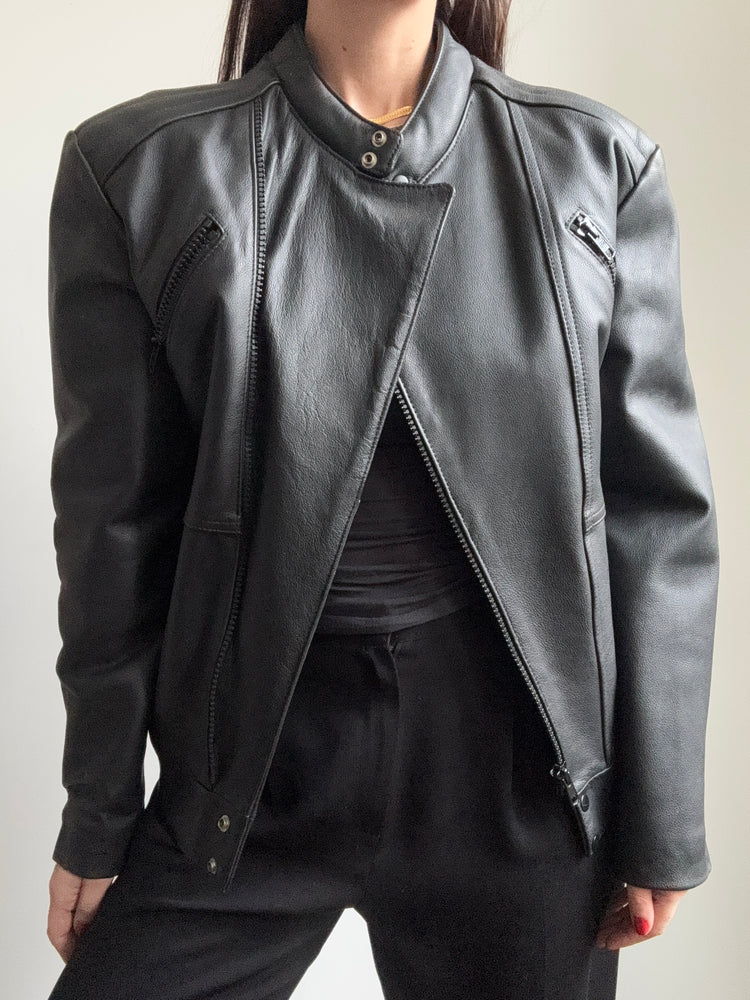 Vintage Black Leather Moto Bomber Size X-Small