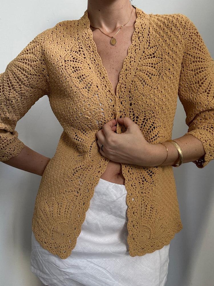 Vintage Tan Crochet Cardigan Size Medium